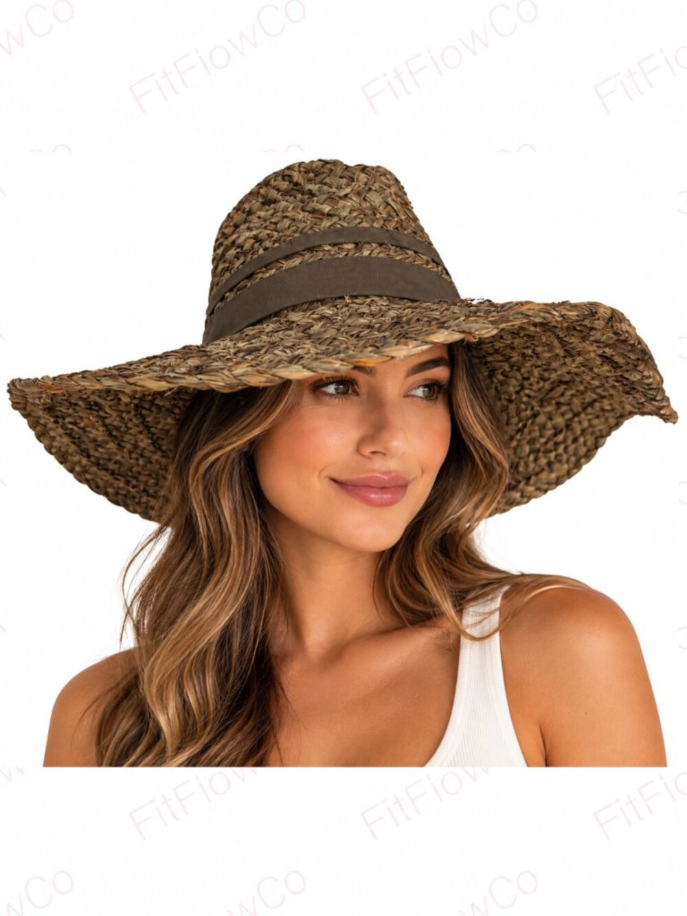 Wide Brim Woven Straw Sun Hat Brown Taupe Boho Coastal Resort